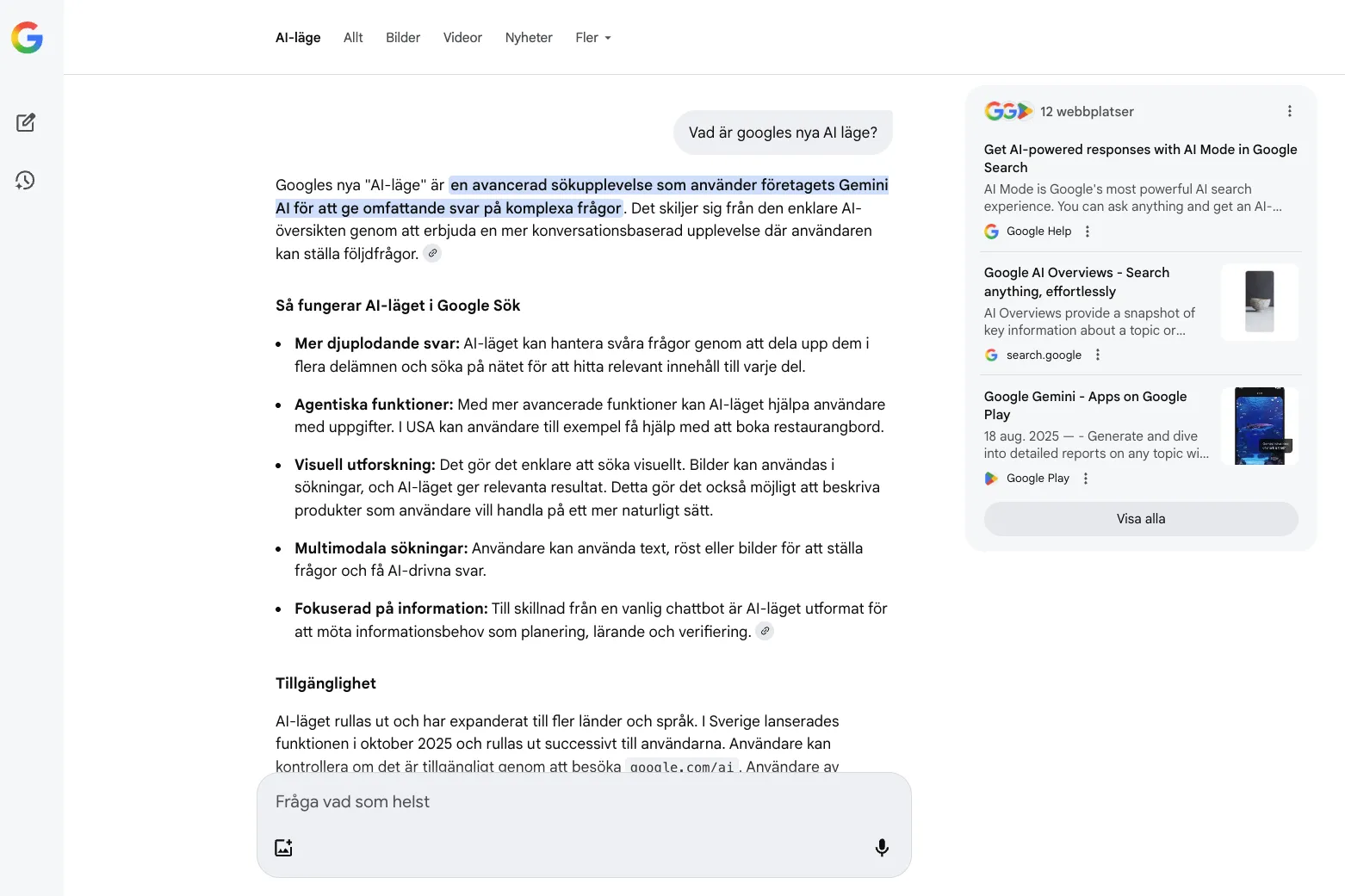 Googles AI-läge lanseras i Sverige